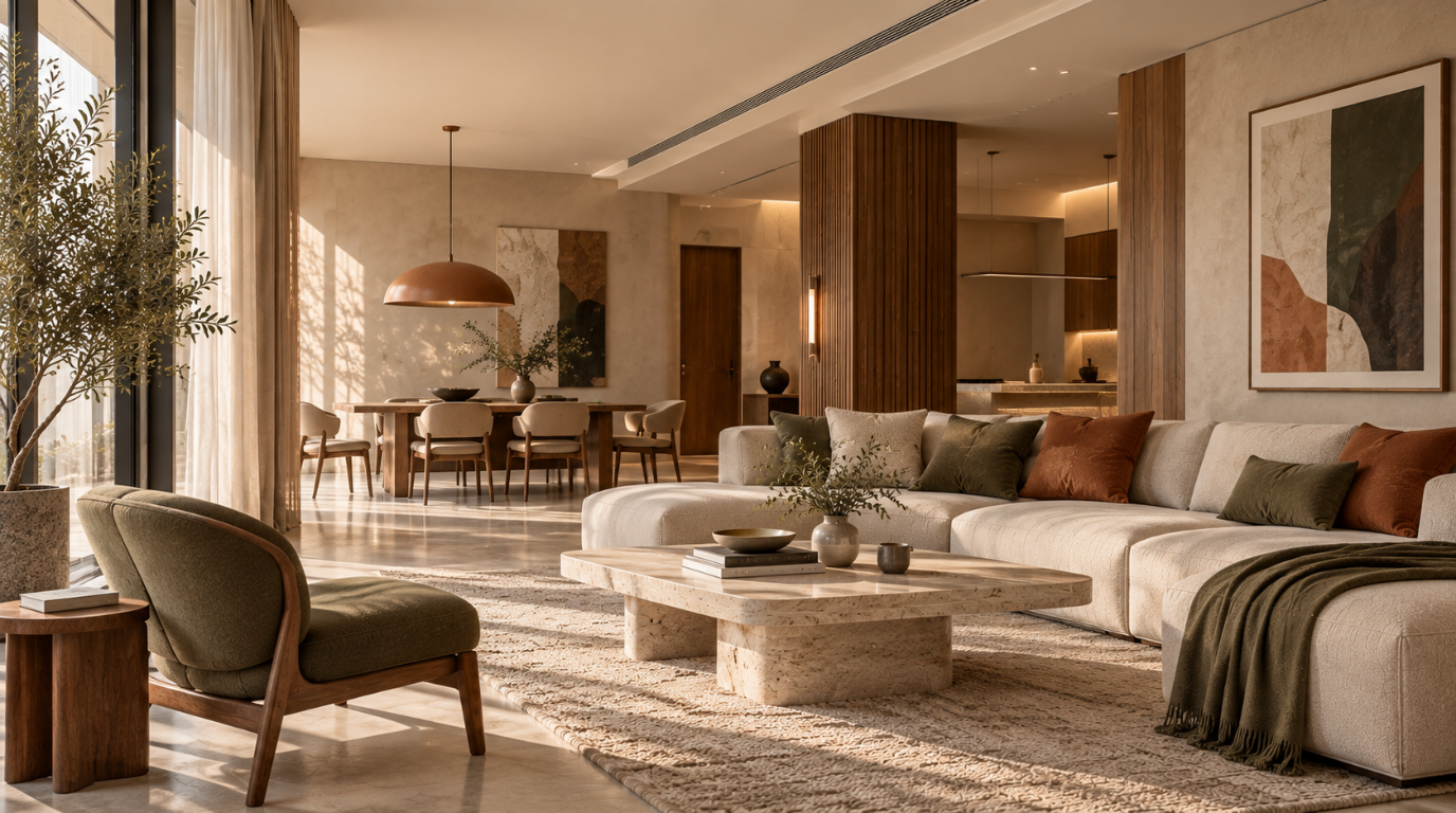 Warm contemporary living room with sculptural stone, oak details and soft natural light